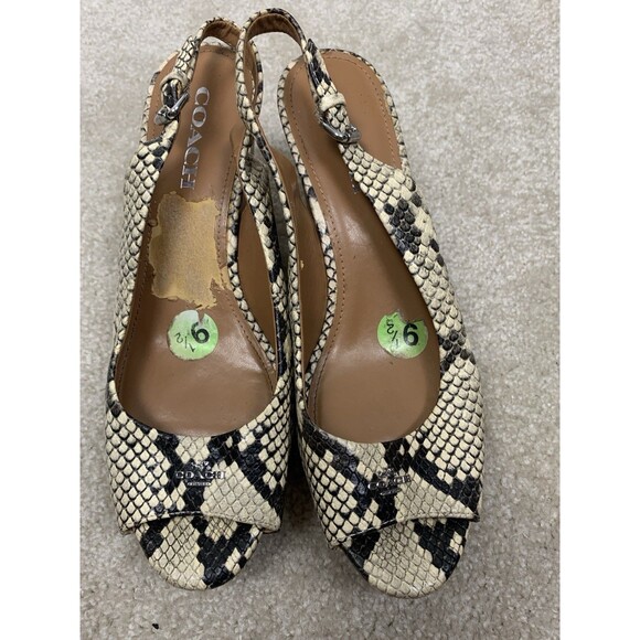 Coach Snakeskin Peep Toe Slingback Wedge Sandals Heels 9.5B Flaw - Picture 1 of 12
